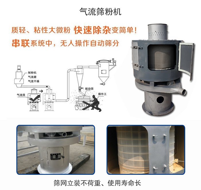 氣流篩粉機適用：質輕，粘性大微粉采用串聯系統重，無人操作自動篩分 特點：篩網立裝不負重，使用壽命長。