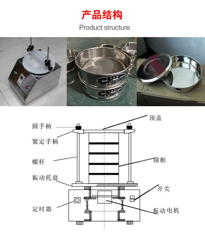 實驗室振動篩-試驗篩結構主要由：圓手柄，緊定手柄，螺桿，振動托盤，篩框，頂蓋等。